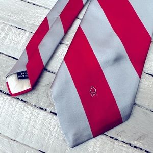 Christian Dior Necktie 100% Silk Red Diagonal Gray Stripes